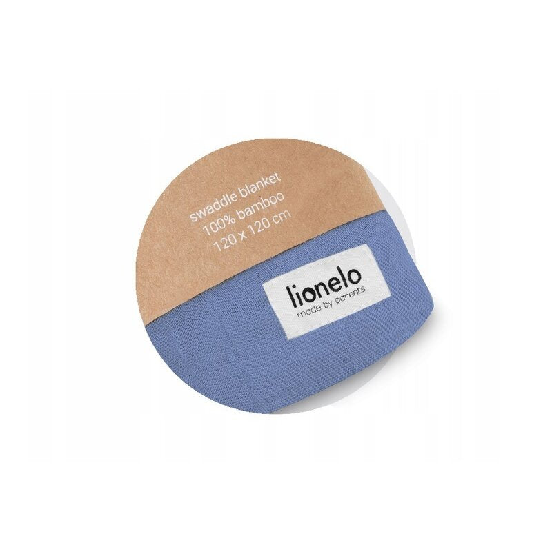 Muselină Lionelo Bamboo Swaddle Blue Denim – detaliu etichetă și ambalaj