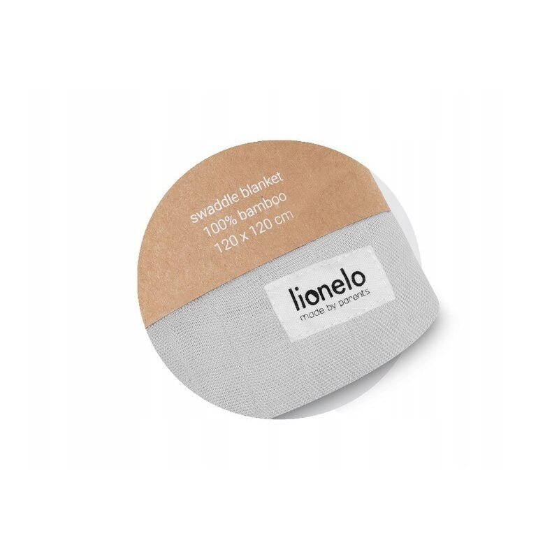 Muselină Lionelo Bamboo Swaddle Grey Stone – detaliu etichetă și ambalaj