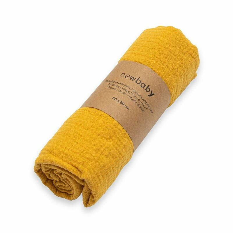 Paturica moale bebe, New Baby, Cu multiple intrebuintari, 60x60 cm, Din muselina, 100% bumbac, Mustard