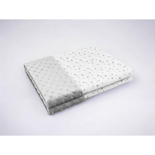 Paturica pufoasa, MimiNu, Cu doua fete, Dimensiune 75x100 cm, Din tesatura minky si bumbac, Materiale certificate Oeko Tex Standard 100, Mini Gray Stars