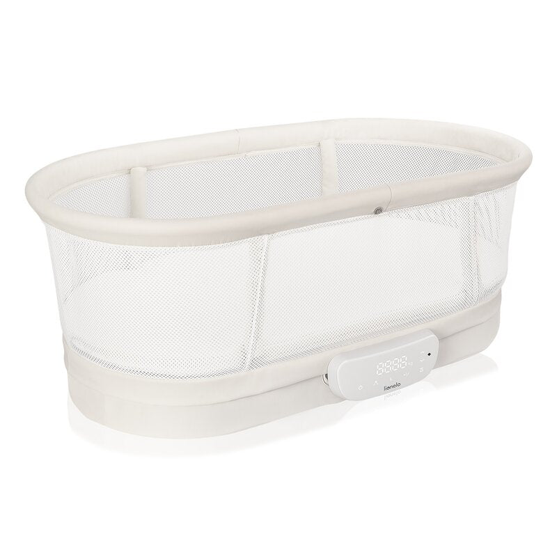 Patut balansoar, Lionelo, Coral, Cu landou ergonomic detasabil, Functie de balansare integrata, Functie de cantar, Sunete si cantece de leagan, Cu roti, Panou tactil sau telecomanda, 0-9 kg, EN 1130:2019+AC:2020,EN 16890:2017+A1:2021, Alb