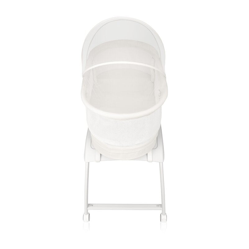 Patut balansoar, Lionelo, Coral, Cu landou ergonomic detasabil, Functie de balansare integrata, Functie de cantar, Sunete si cantece de leagan, Cu roti, Panou tactil sau telecomanda, 0-9 kg, EN 1130:2019+AC:2020,EN 16890:2017+A1:2021, Alb