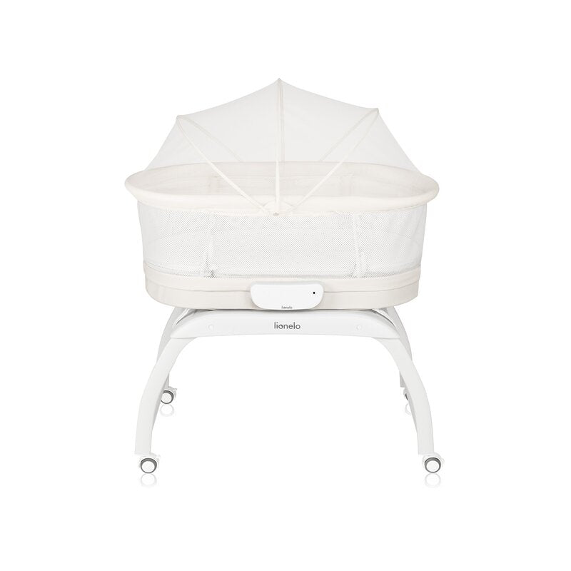 Patut balansoar, Lionelo, Coral, Cu landou ergonomic detasabil, Functie de balansare integrata, Functie de cantar, Sunete si cantece de leagan, Cu roti, Panou tactil sau telecomanda, 0-9 kg, EN 1130:2019+AC:2020,EN 16890:2017+A1:2021, Alb