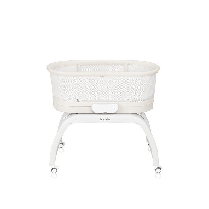 Patut balansoar, Lionelo, Coral, Cu landou ergonomic detasabil, Functie de balansare integrata, Functie de cantar, Sunete si cantece de leagan, Cu roti, Panou tactil sau telecomanda, 0-9 kg, EN 1130:2019+AC:2020,EN 16890:2017+A1:2021, Alb