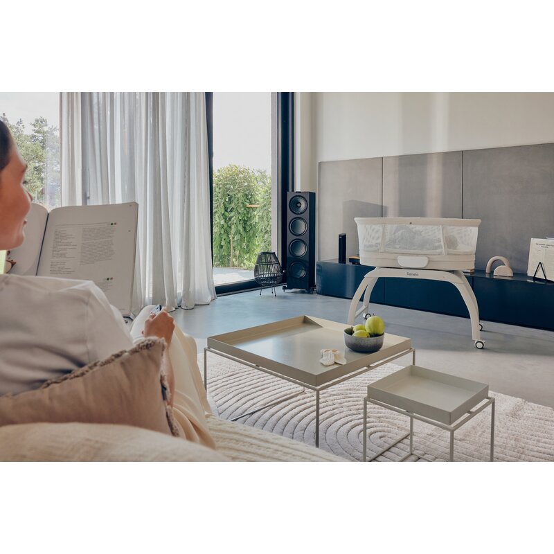 Patut balansoar, Lionelo, Coral, Cu landou ergonomic detasabil, Functie de balansare integrata, Functie de cantar, Sunete si cantece de leagan, Cu roti, Panou tactil sau telecomanda, 0-9 kg, EN 1130:2019+AC:2020,EN 16890:2017+A1:2021, Alb