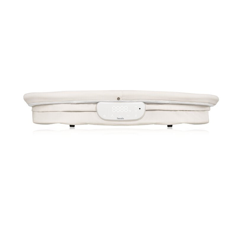 Patut balansoar, Lionelo, Coral, Cu landou ergonomic detasabil, Functie de balansare integrata, Functie de cantar, Sunete si cantece de leagan, Cu roti, Panou tactil sau telecomanda, 0-9 kg, EN 1130:2019+AC:2020,EN 16890:2017+A1:2021, Alb
