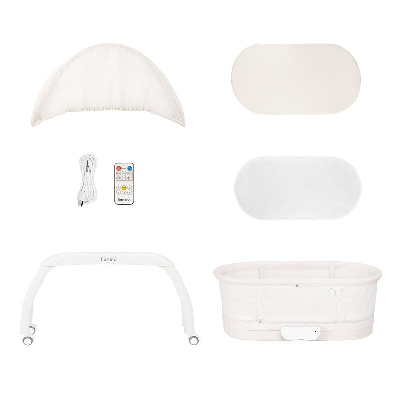 Patut balansoar, Lionelo, Coral, Cu landou ergonomic detasabil, Functie de balansare integrata, Functie de cantar, Sunete si cantece de leagan, Cu roti, Panou tactil sau telecomanda, 0-9 kg, EN 1130:2019+AC:2020,EN 16890:2017+A1:2021, Alb