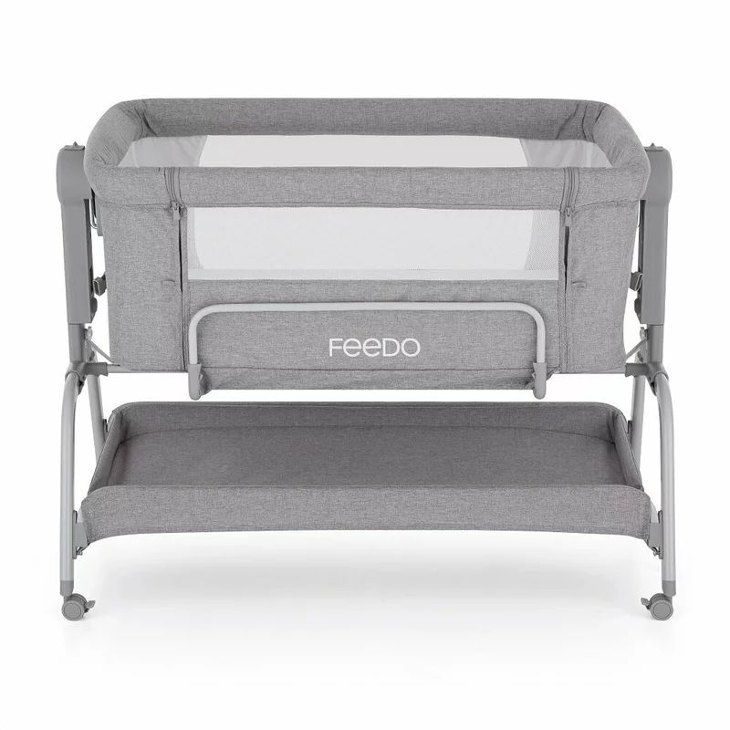 Patut co-sleeper, Feedo, Cu sistem de leganare, Inaltime adjustabila pana la 57-69 cm, sustine pana la 9 kg, 0 luni+ Gri