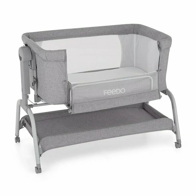 Patut co-sleeper, Feedo, Cu sistem de leganare, Inaltime adjustabila pana la 57-69 cm, sustine pana la 9 kg, 0 luni+ Gri