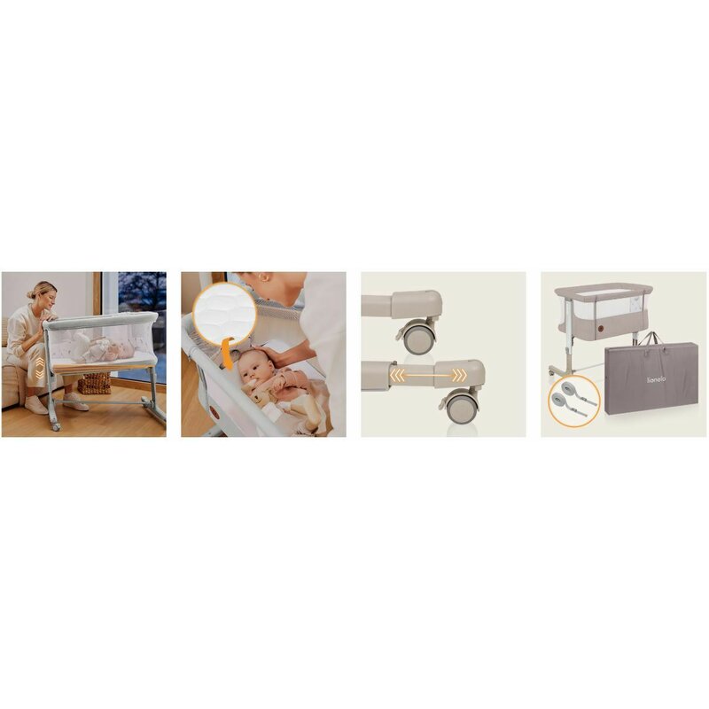 Patut co-sleeper, Lionelo, Aurora, 3 in 1, Cu leganare si setare unghiulara, Cu saltea, 0 luni+, Certificari EN 1130:2019+AC:2020, EN 16890:2, Bej