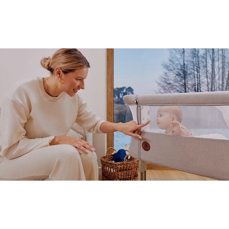 Patut co-sleeper, Lionelo, Aurora, 3 in 1, Cu leganare si setare unghiulara, Cu saltea, 0 luni+, Certificari EN 1130:2019+AC:2020, EN 16890:2, Bej