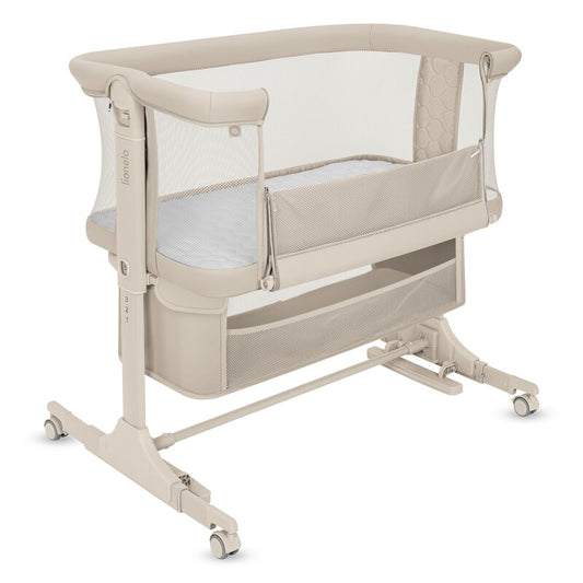 Patut co-sleeper, Lionelo, Jodie, Multifunctional, Reglabil in 6 pozitii pe inaltime, Saltea cu densitate T25, Functie de leganare, Cu plasa de tantari, Buzunar depozitare, Geanta transport, 84x48x70-80 cm, Bej