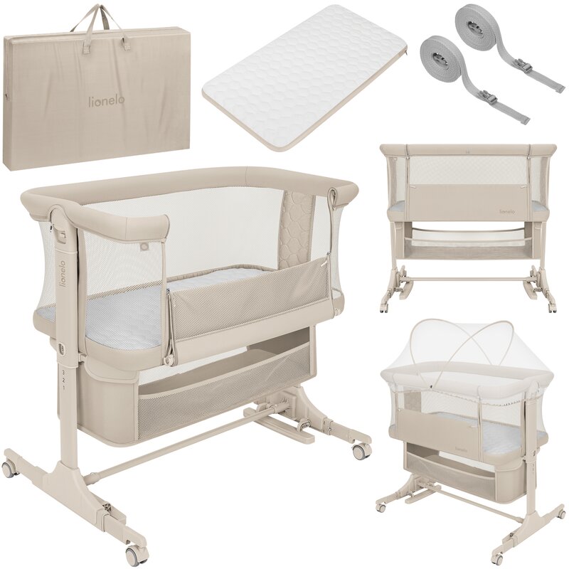 Patut co-sleeper, Lionelo, Jodie, Multifunctional, Reglabil in 6 pozitii pe inaltime, Saltea cu densitate T25, Functie de leganare, Cu plasa de tantari, Buzunar depozitare, Geanta transport, 84x48x70-80 cm, Bej