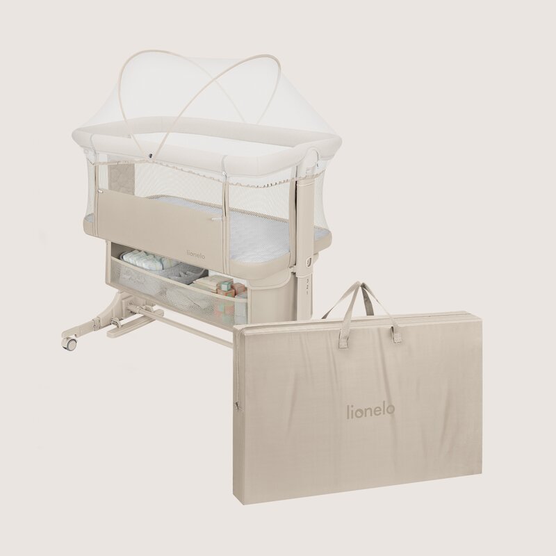 Patut co-sleeper, Lionelo, Jodie, Multifunctional, Reglabil in 6 pozitii pe inaltime, Saltea cu densitate T25, Functie de leganare, Cu plasa de tantari, Buzunar depozitare, Geanta transport, 84x48x70-80 cm, Bej