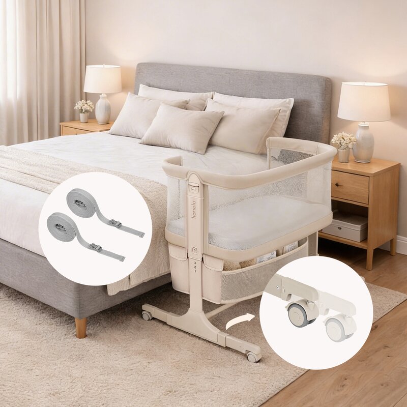 Patut co-sleeper, Lionelo, Jodie, Multifunctional, Reglabil in 6 pozitii pe inaltime, Saltea cu densitate T25, Functie de leganare, Cu plasa de tantari, Buzunar depozitare, Geanta transport, 84x48x70-80 cm, Bej