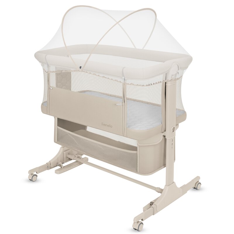 Patut co-sleeper, Lionelo, Jodie, Multifunctional, Reglabil in 6 pozitii pe inaltime, Saltea cu densitate T25, Functie de leganare, Cu plasa de tantari, Buzunar depozitare, Geanta transport, 84x48x70-80 cm, Bej