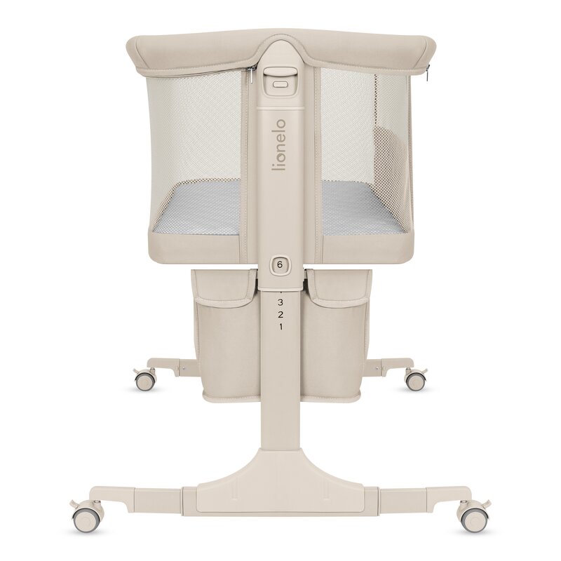 Patut co-sleeper, Lionelo, Jodie, Multifunctional, Reglabil in 6 pozitii pe inaltime, Saltea cu densitate T25, Functie de leganare, Cu plasa de tantari, Buzunar depozitare, Geanta transport, 84x48x70-80 cm, Bej