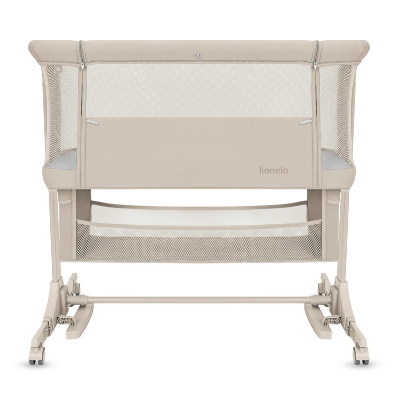 Patut co-sleeper, Lionelo, Jodie, Multifunctional, Reglabil in 6 pozitii pe inaltime, Saltea cu densitate T25, Functie de leganare, Cu plasa de tantari, Buzunar depozitare, Geanta transport, 84x48x70-80 cm, Bej