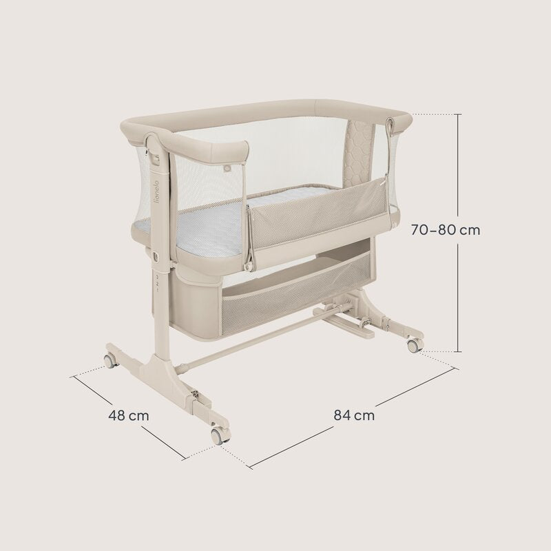 Patut co-sleeper, Lionelo, Jodie, Multifunctional, Reglabil in 6 pozitii pe inaltime, Saltea cu densitate T25, Functie de leganare, Cu plasa de tantari, Buzunar depozitare, Geanta transport, 84x48x70-80 cm, Bej
