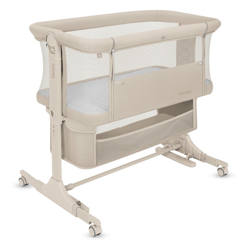 Patut co-sleeper, Lionelo, Jodie, Multifunctional, Reglabil in 6 pozitii pe inaltime, Saltea cu densitate T25, Functie de leganare, Cu plasa de tantari, Buzunar depozitare, Geanta transport, 84x48x70-80 cm, Bej