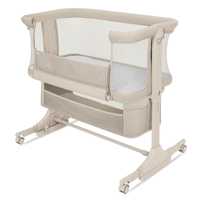 Patut co-sleeper, Lionelo, Jodie, Multifunctional, Reglabil in 6 pozitii pe inaltime, Saltea cu densitate T25, Functie de leganare, Cu plasa de tantari, Buzunar depozitare, Geanta transport, 84x48x70-80 cm, Bej