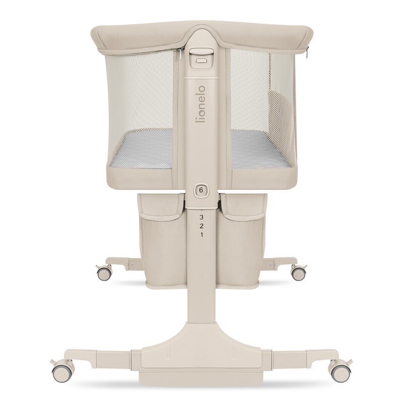 Patut co-sleeper, Lionelo, Jodie, Multifunctional, Reglabil in 6 pozitii pe inaltime, Saltea cu densitate T25, Functie de leganare, Cu plasa de tantari, Buzunar depozitare, Geanta transport, 84x48x70-80 cm, Bej