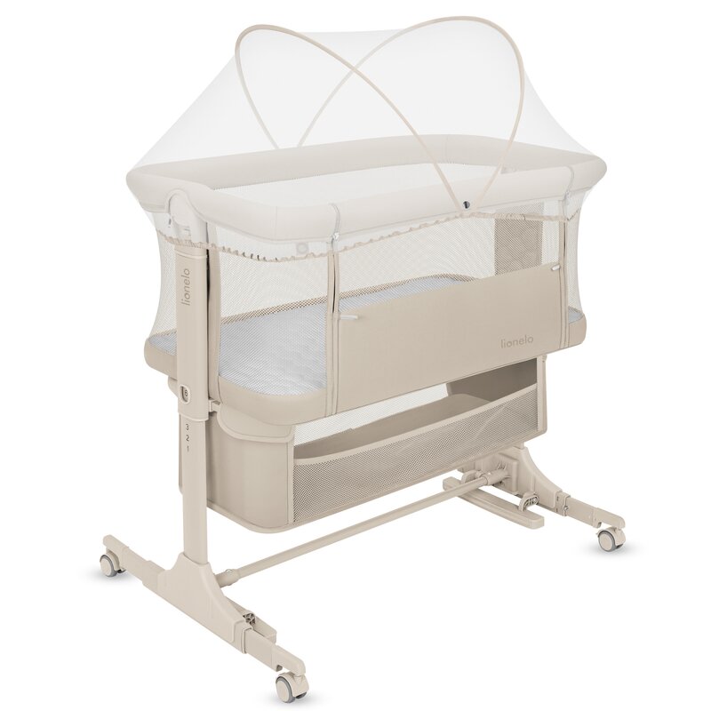 Patut co-sleeper, Lionelo, Jodie, Multifunctional, Reglabil in 6 pozitii pe inaltime, Saltea cu densitate T25, Functie de leganare, Cu plasa de tantari, Buzunar depozitare, Geanta transport, 84x48x70-80 cm, Bej