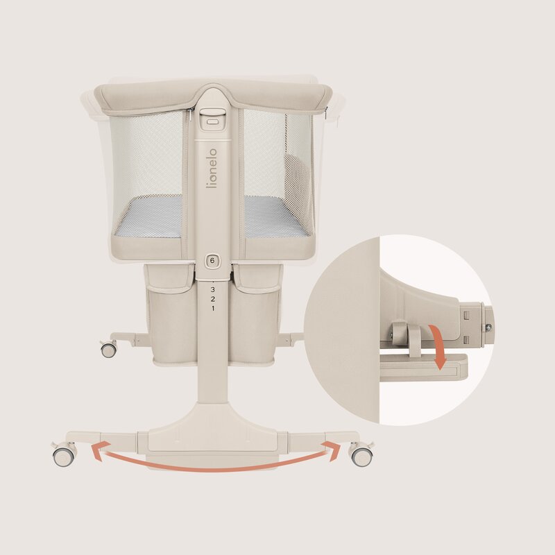 Patut co-sleeper, Lionelo, Jodie, Multifunctional, Reglabil in 6 pozitii pe inaltime, Saltea cu densitate T25, Functie de leganare, Cu plasa de tantari, Buzunar depozitare, Geanta transport, 84x48x70-80 cm, Bej