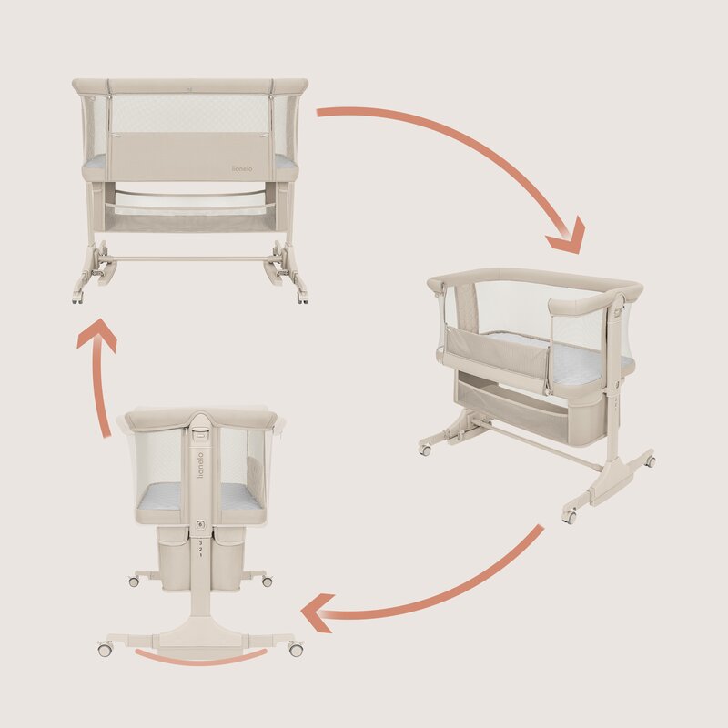 Patut co-sleeper, Lionelo, Jodie, Multifunctional, Reglabil in 6 pozitii pe inaltime, Saltea cu densitate T25, Functie de leganare, Cu plasa de tantari, Buzunar depozitare, Geanta transport, 84x48x70-80 cm, Bej