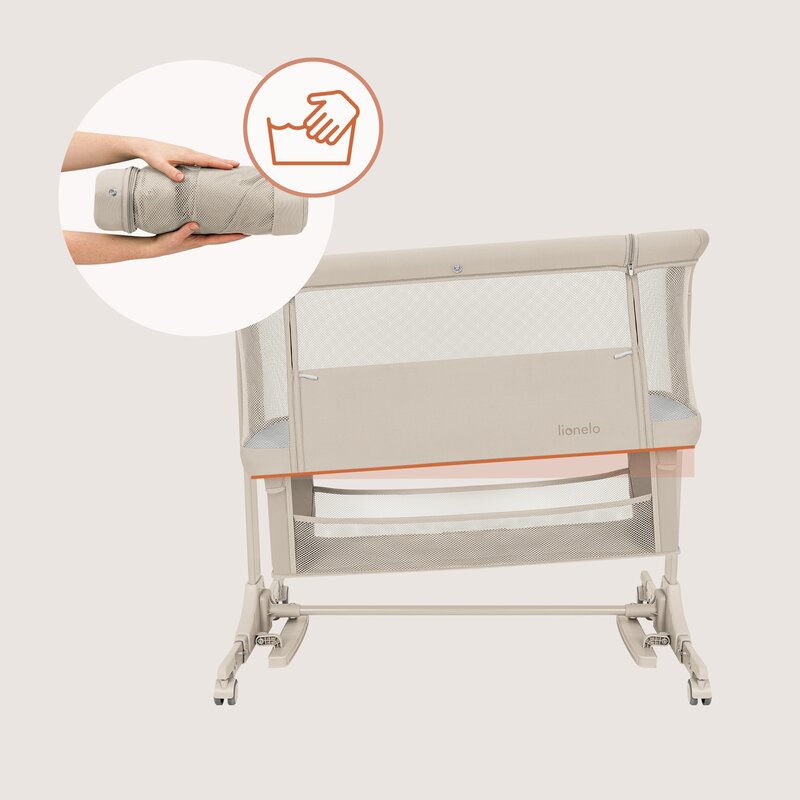 Patut co-sleeper, Lionelo, Jodie, Multifunctional, Reglabil in 6 pozitii pe inaltime, Saltea cu densitate T25, Functie de leganare, Cu plasa de tantari, Buzunar depozitare, Geanta transport, 84x48x70-80 cm, Bej