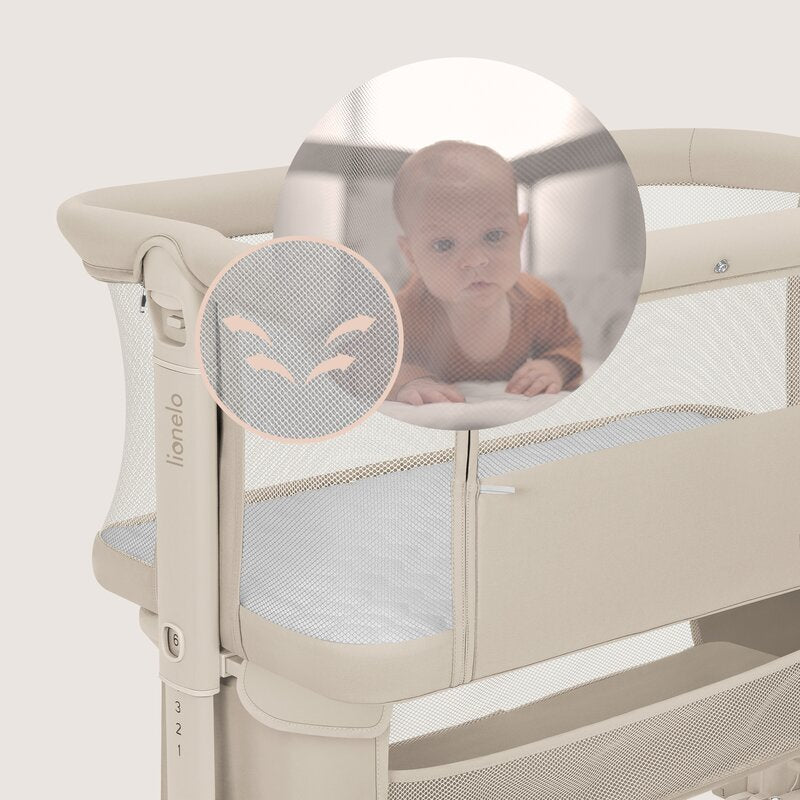 Patut co-sleeper, Lionelo, Jodie, Multifunctional, Reglabil in 6 pozitii pe inaltime, Saltea cu densitate T25, Functie de leganare, Cu plasa de tantari, Buzunar depozitare, Geanta transport, 84x48x70-80 cm, Bej