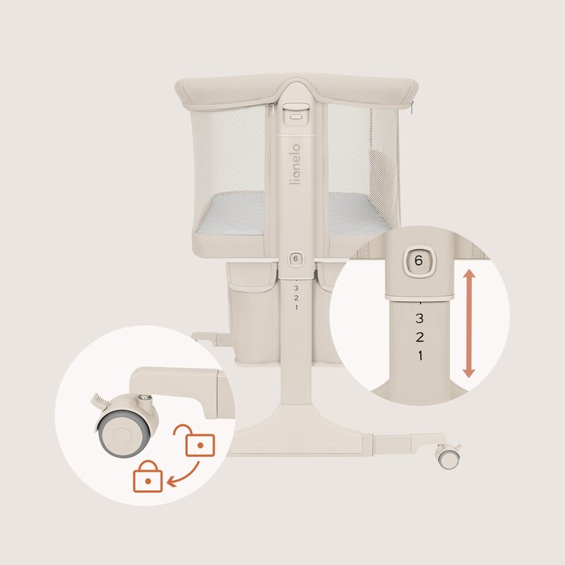 Patut co-sleeper, Lionelo, Jodie, Multifunctional, Reglabil in 6 pozitii pe inaltime, Saltea cu densitate T25, Functie de leganare, Cu plasa de tantari, Buzunar depozitare, Geanta transport, 84x48x70-80 cm, Bej