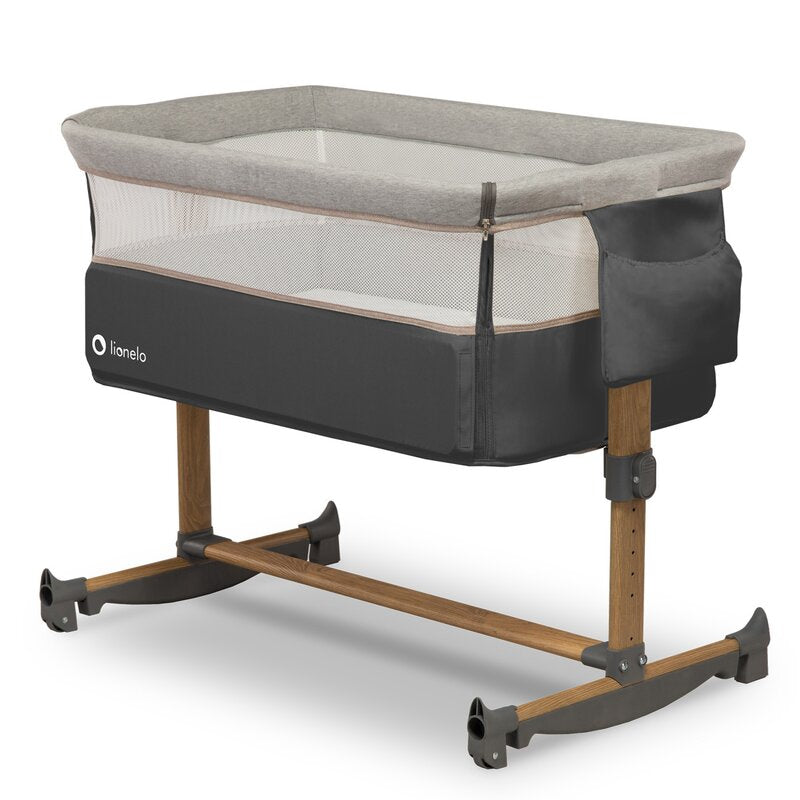 Patut co-sleeper, Lionelo, Leonie, Cu sistem de leganare, Cu setare unghiulara, Reglabil in 5 pozitii pe inaltime, Conform cu standardele europeane de securitate EN1130 si EN16890, Grey Stone