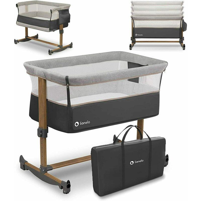 Patut co-sleeper, Lionelo, Leonie, Cu sistem de leganare, Cu setare unghiulara, Reglabil in 5 pozitii pe inaltime, Conform cu standardele europeane de securitate EN1130 si EN16890, Grey Stone