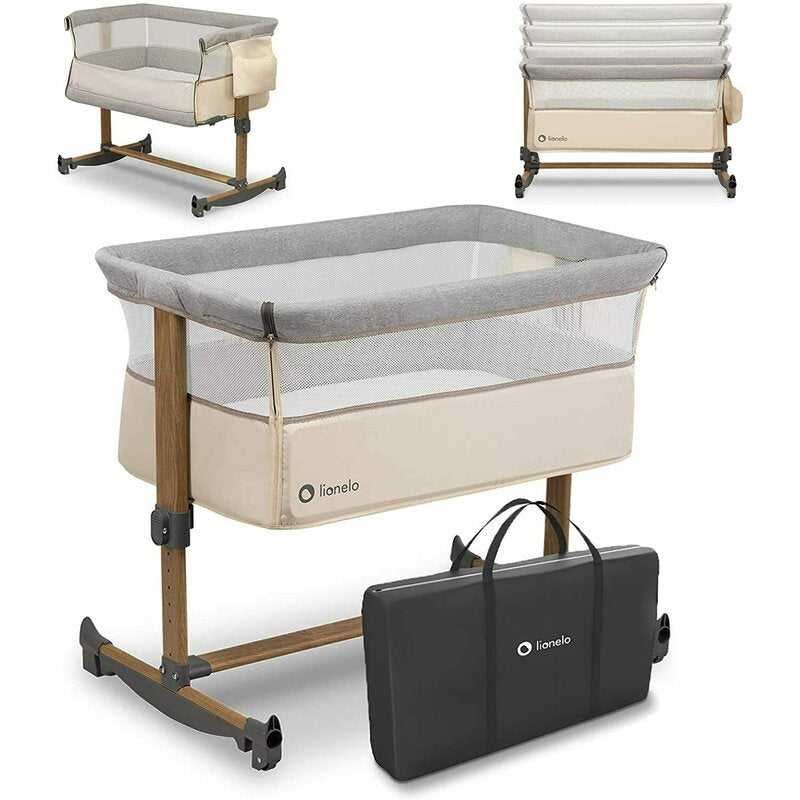 Patut co-sleeper, Lionelo, Leonie, Cu sistem de leganare, Cu setare unghiulara, Reglabil in 5 pozitii pe inaltime, Conform cu standardele europeane de securitate EN1130 si EN16890, Beige Sand