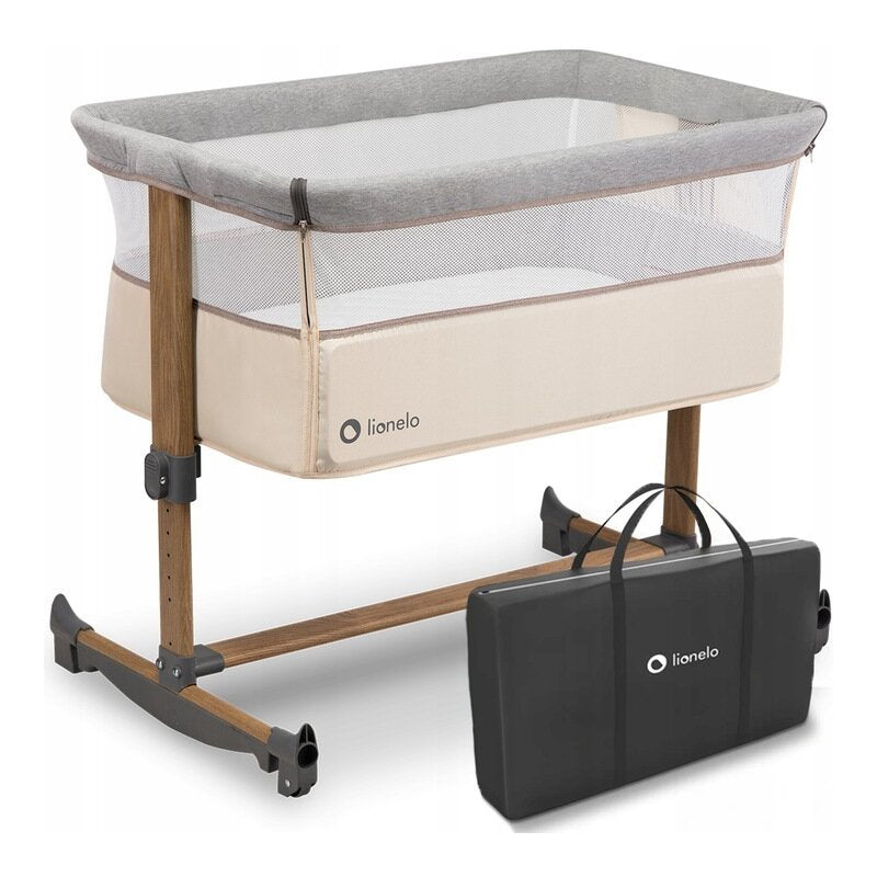 Patut co-sleeper, Lionelo, Leonie, Cu sistem de leganare, Cu setare unghiulara, Reglabil in 5 pozitii pe inaltime, Conform cu standardele europeane de securitate EN1130 si EN16890, Beige Sand