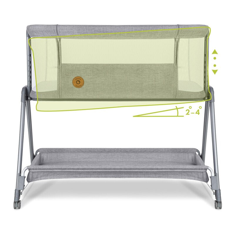Patut co-sleeper, Lionelo, Luna, 2 in 1, Cu laterala culisanta, Cu setare unghiulara, Cu roti, Reglabil in 6 pozitii pe inaltime, Gri deschis