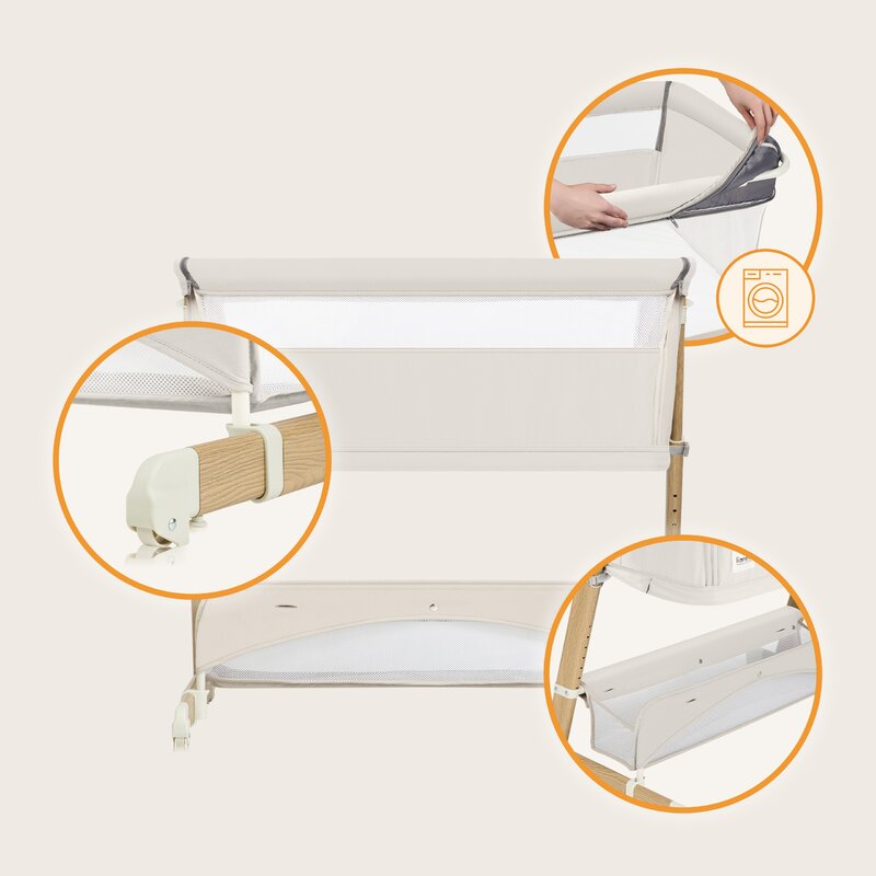 Patut co-sleeper, Lionelo, Thomi Plus, 5 in 1, Multifunctional, Sustine pana la 9 kg ca patut, 15 kg tarc de joaca, 100 kg canapea, Inaltime reglabila in 7 pozitii, De la nastere pana la 4 ani, Cu 2 saltele din spuma T25, 94x70x77-93,5 cm, Bej