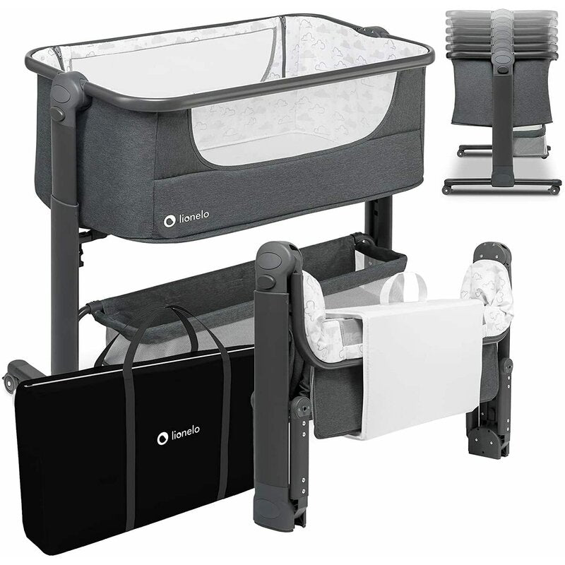 Patut co-sleeper, Lionelo, Timon, 3 in 1, Pliabil, Cu setare unghiulara, Reglabil in 6 pozitii pe inaltime, Din Aluminiu, 90x50 cm, Conform cu standardele europeane de securitate EN1130 si EN16890, Gri