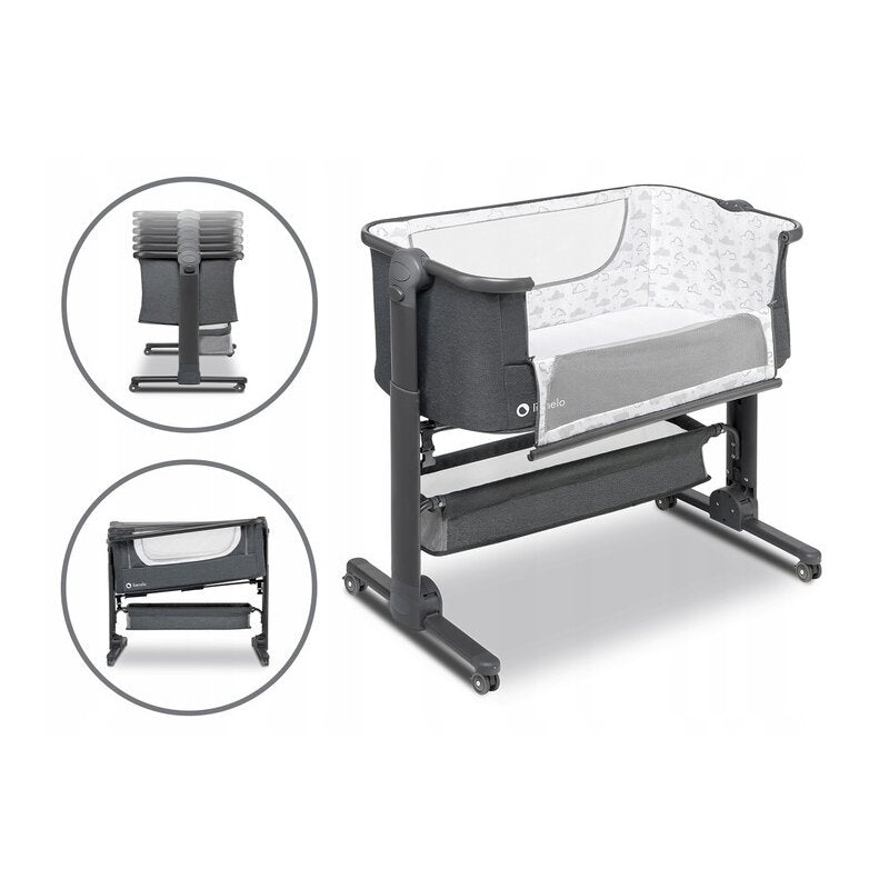 Patut co-sleeper, Lionelo, Timon, 3 in 1, Pliabil, Cu setare unghiulara, Reglabil in 6 pozitii pe inaltime, Din Aluminiu, 90x50 cm, Conform cu standardele europeane de securitate EN1130 si EN16890, Gri