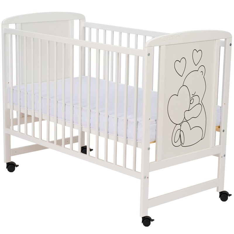 Patut din lemn, 120x60 cm, Din lemn de pin si mdf, Stabil si rezistent, Inaltime saltea reglabila pe 3 nivele, Laterala cu 3 bete detasabile, EN716-1, EN716-2, Alb, Qmini, Timmi Heart + Saltea 8 cm