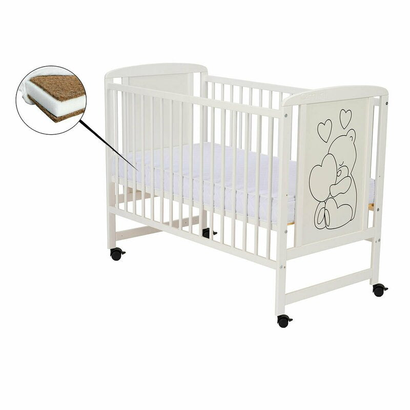 Patut din lemn, 120x60 cm, Din lemn de pin si mdf, Stabil si rezistent, Inaltime saltea reglabila pe 3 nivele, Laterala cu 3 bete detasabile, EN716-1, EN716-2, Alb, Qmini, Timmi Heart + Saltea 12 cm