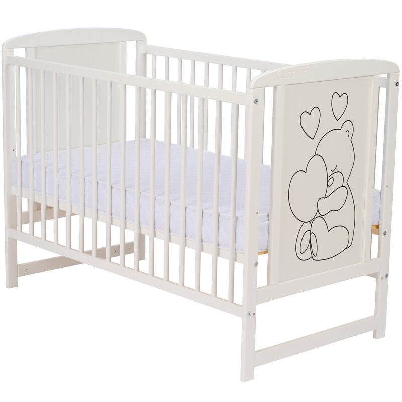 Patut din lemn, 120x60 cm, Din lemn de pin si mdf, Stabil si rezistent, Inaltime saltea reglabila pe 3 nivele, Laterala cu 3 bete detasabile, EN716-1, EN716-2, Alb, Qmini, Timmi Heart + Saltea 10 cm