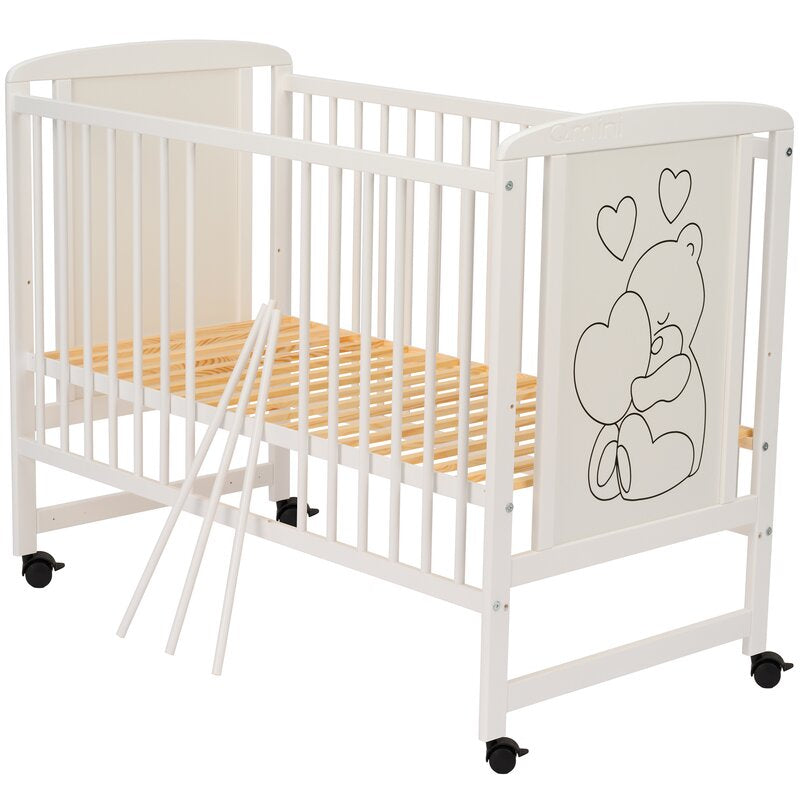 Patut din lemn, 120x60 cm, Din lemn de pin si mdf, Stabil si rezistent, Inaltime saltea reglabila pe 3 nivele, Laterala cu 3 bete detasabile, EN716-1, EN716-2, Alb, Qmini, Timmi Heart + Saltea 12 cm