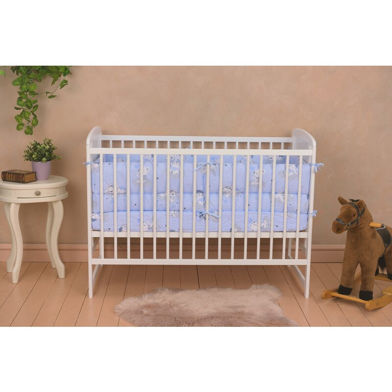 Patut din lemn, 120x60 cm, Din lemn de pin si mdf, Stabil si rezistent, Inaltime saltea reglabila pe 3 nivele, Laterala cu 3 bete detasabile, EN716-1, EN716-2, Alb, Qmini, Timmi Heart + Saltea 10 cm