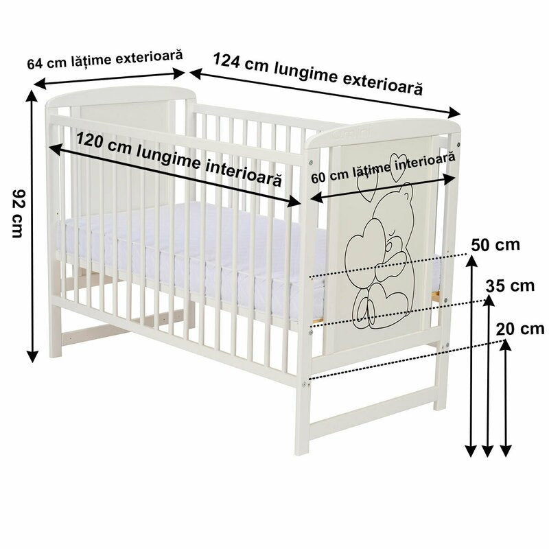 Patut din lemn, 120x60 cm, Din lemn de pin si mdf, Stabil si rezistent, Inaltime saltea reglabila pe 3 nivele, Laterala cu 3 bete detasabile, EN716-1, EN716-2, Alb, Qmini, Timmi Heart + Saltea 12 cm