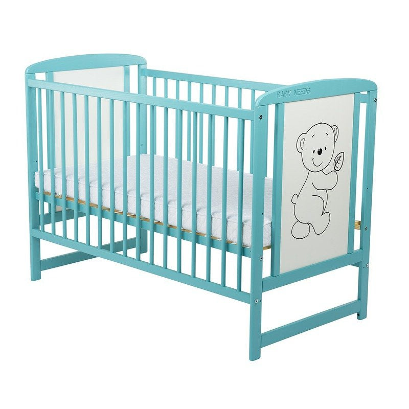Pătuț BabyNeeds Timmi 120x60 cm mint – laterala ridicată și desenul cu ursuleț
