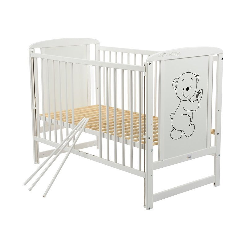 Pătuț BabyNeeds Timmi 120x60 cm alb – trei bare laterale detașate și somiera vizibilă