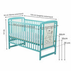 Pătuț BabyNeeds Timmi 120x60 cm mint – schemă cu dimensiunile și reglajele somierei