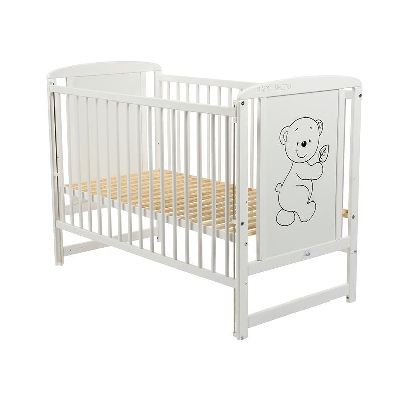 Pătuț BabyNeeds Timmi 120x60 cm alb – laterala ridicată și somiera fără saltea
